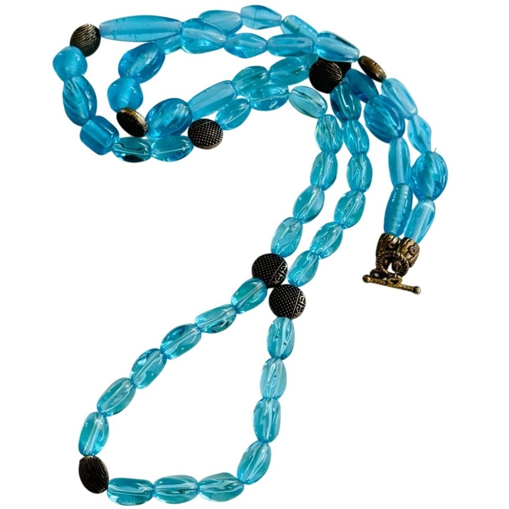 VTG Aqua Blue Art Glass Necklace Beaded Strand poured Molded Beads Brass‎ 30"